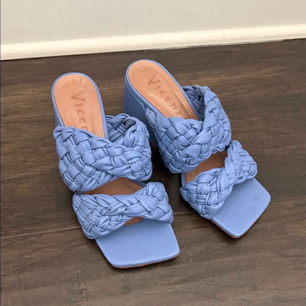 Vicenza Wedge Braided Leather Slide Sandals – Blue, Size 6